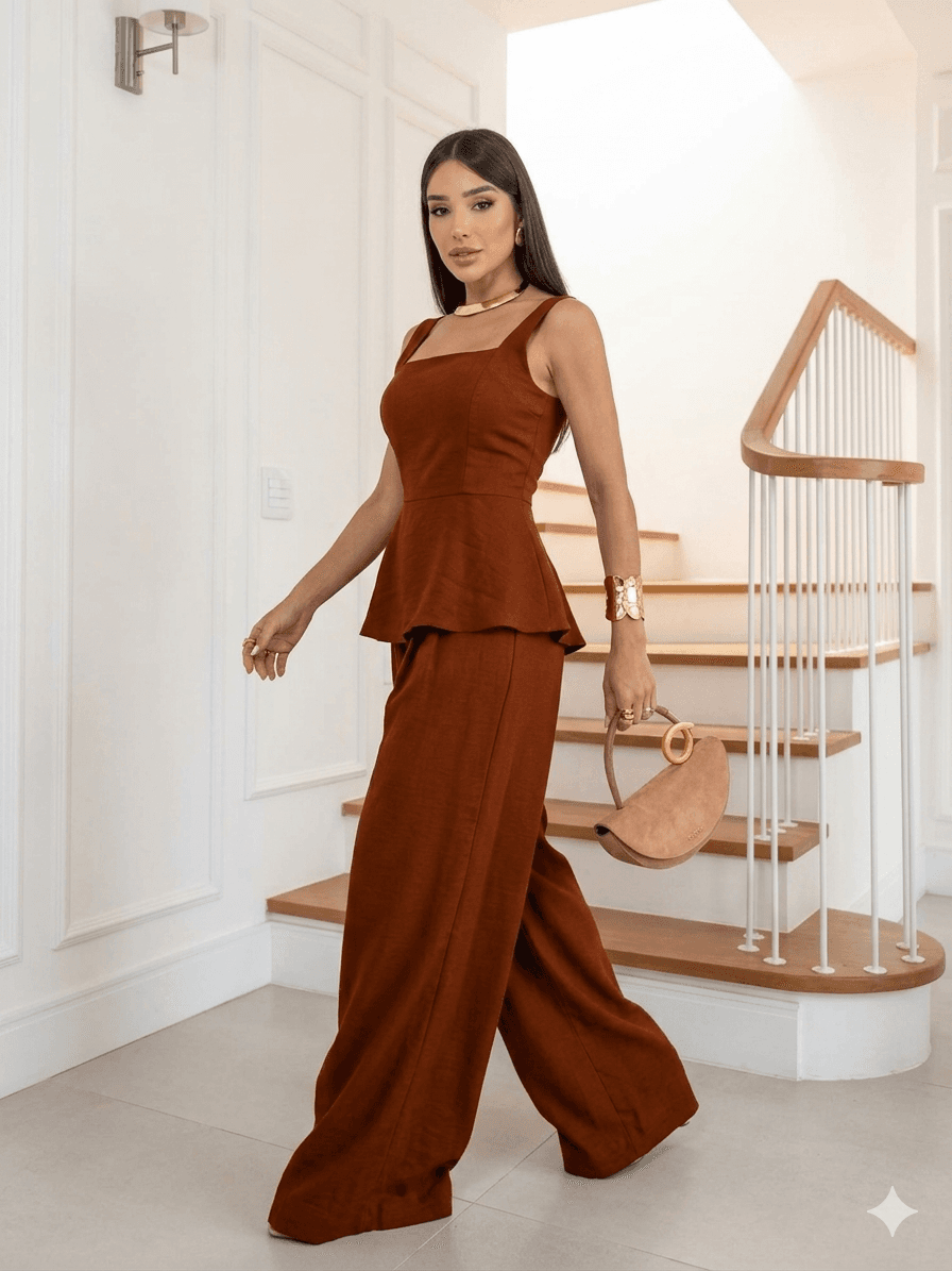 Conjunto Feminino Viscose Premium Top Peplum e Calça Palazzo - Estilo Atemporal | Kary Curadoria REF: CON-0009 detalhe